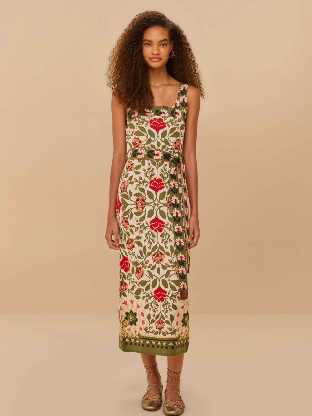 FARM Rio Olive Green & Red Floral Midi Dress